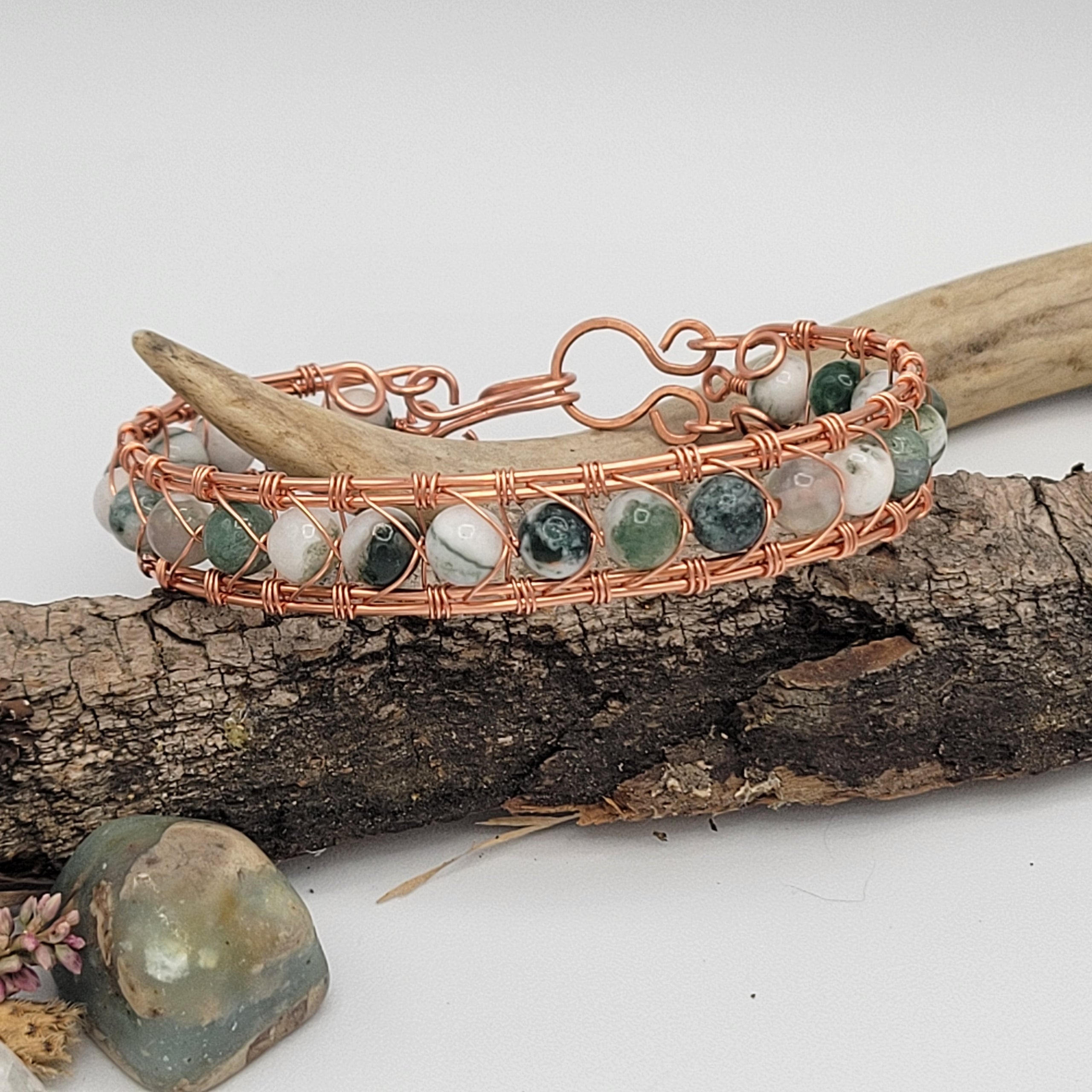 handcrafted wire woven gemstone bracelet moss agate bracelet